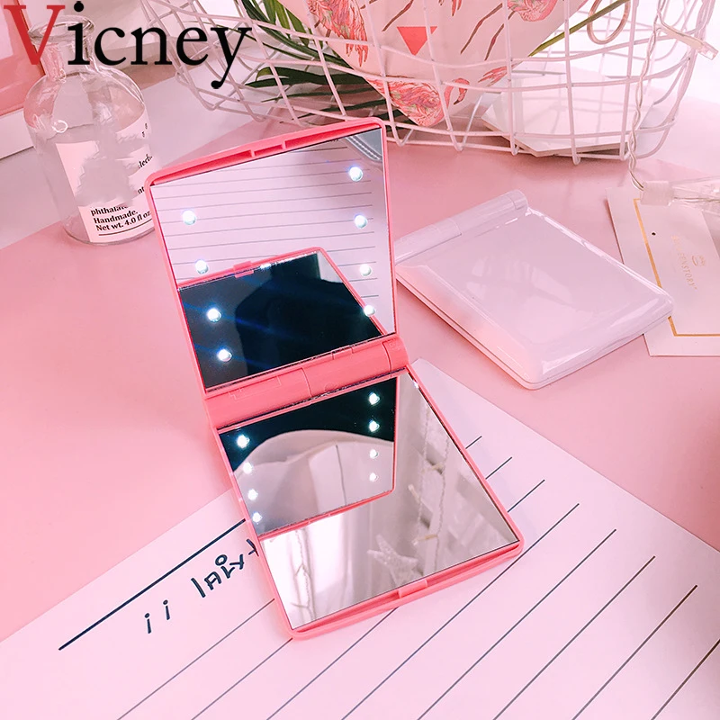 

Vicney Fashion Women Makeup Mirror 8 LED Lights Lamps Cosmetic Folding Portable Compact Pocket Hand Mirror Makeup Tool Nice Gift