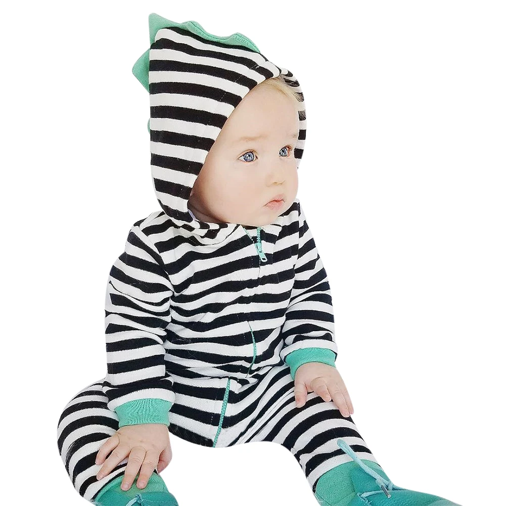 

Infant Toddler Baby Clothes Black and White Striped Print Hooded Romper Long Sleeve Jumpsuit Playsuit Newborn Clothing