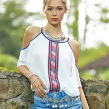 2017 Plus Size Women White Chiffon Blouses Ladies Printed Off Shoulder Bohemian Shirts Tops Camisas Women Shirts Cheap Clothes