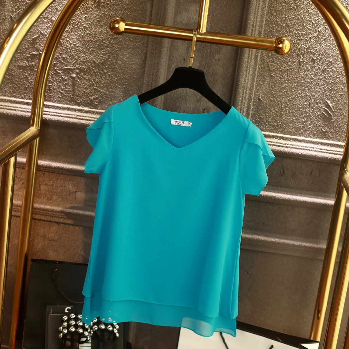 YUANYU Fashion Brand Women Chiffon Shirt 2019 Summer Short sleeve V-neck Blouse Casual 9 Solid color Loose Oversized Lady Tops