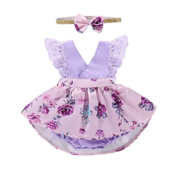 

2pc kids Toddler cotton Outfits summer print Floral Cute Sleeveless Ruffle dress Toddle 2019 purple color Fashion Girls Clothing