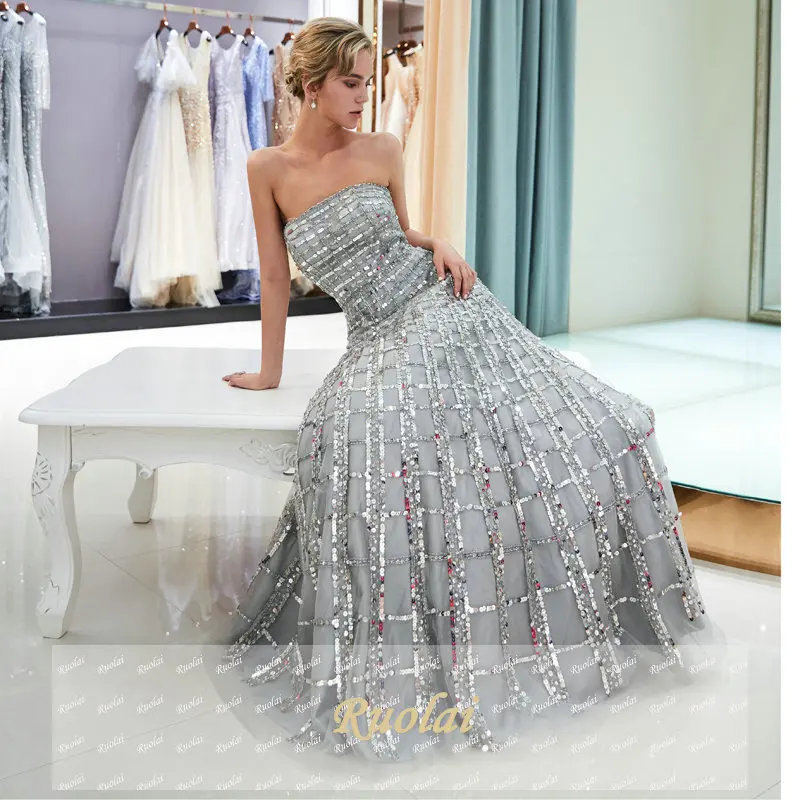Sparkly Grey Luxury Evening Dresses Long 2019 Sequined Lace Strapless Evening Gowns for Women Formal Party Dress robe de soiree