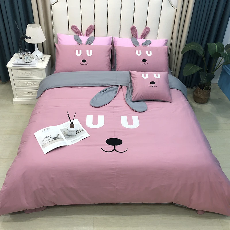 

Lovely Cartoon Pink Gray Rabbit Embroidery 100% Cotton Girl Bedding Duvet Cover Bed Linen Fitted Sheet Pillowcase Gift For Child