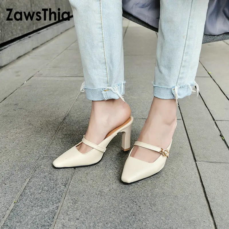 

ZawsThia 2019 summer PU leather yellow beige ladies thin high heels slides slippers slip on woman mules sandals size 43 44 45 46