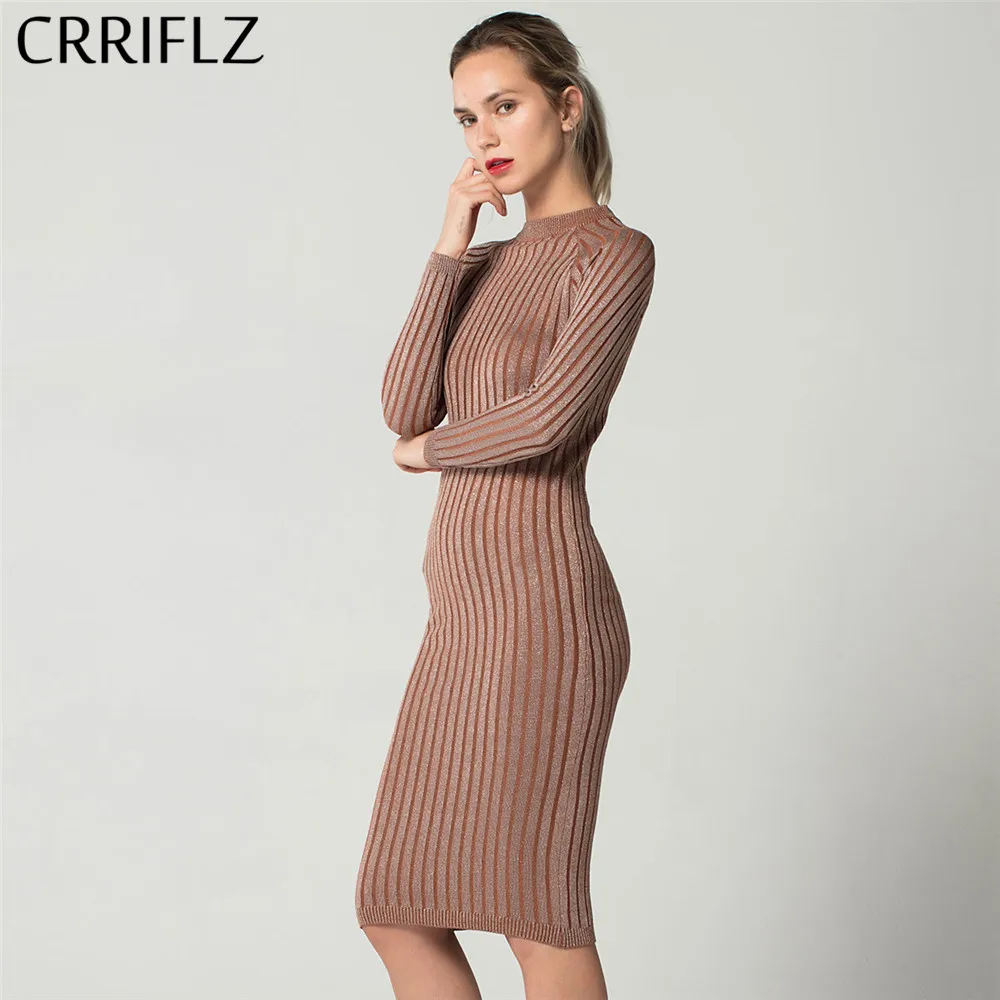 Kopen Slim Heldere Zijde Jurk O Hals Gebreide Lange Mouw Jurk Voor Vrouwen Bodycon Potlood Jurk Kantoor Dame CRRIFLZ Lente Herfst collectie