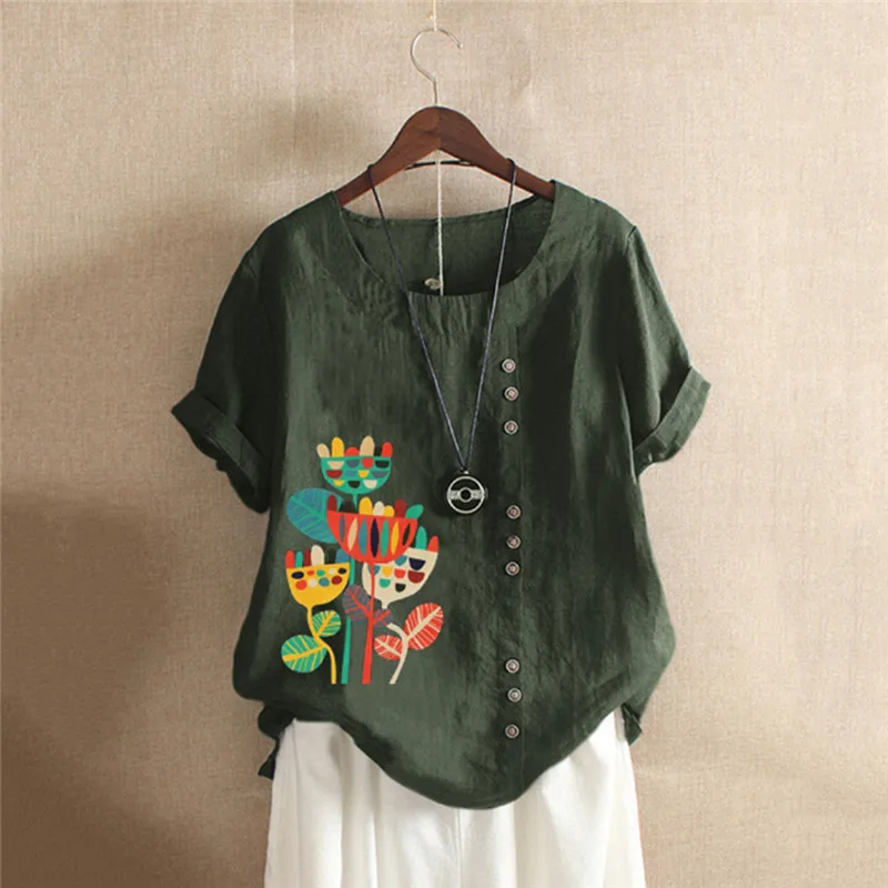

Women Blouse Ladies Tops Summer Blusas Mujer De Moda 2019 Plus Size O-Neck Printed Loose Button Tunic Shirt Feminine Blouse FD