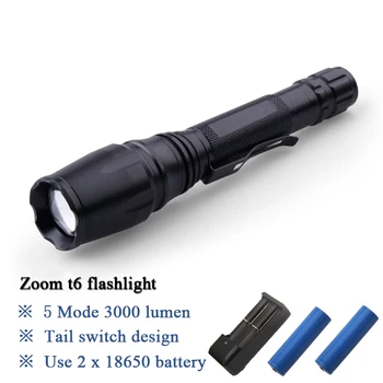 

Zoomable Cree Xml T6 Flashlight LED Torch waterproof 3000 Lumen Lanterna Light Use 2x18650 rechargeable battery