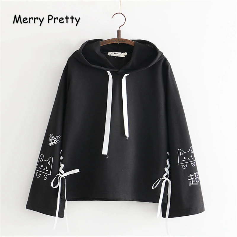 Cheap MERRY PRETTY Cartoon Cat Print Hooded Sweatshirts 2018 Winter Women Long Sleeve Harajuku Pullovers Femme Cotton Lace Up Hoodies