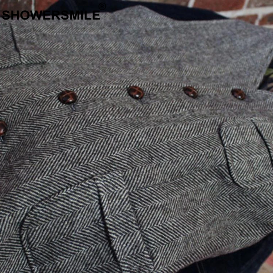 SHOWERSMILE Tweed Waistcoat Men Gray Herringbone Vests Male Vintage Slim Fit Gilet Pockets Autumn Winter Retro Sleeveless Jacket