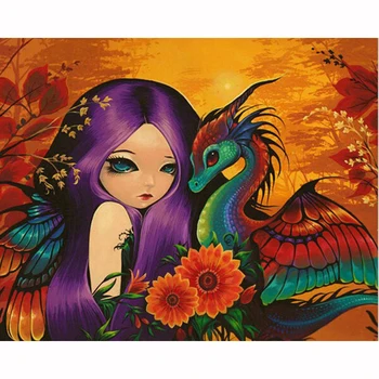 

Diamond Painting Cross Stitch 5D Diamond Embroidery Sale Cartoon Girl & Dragon DIY Full Round Diamond Mosaic Needlework