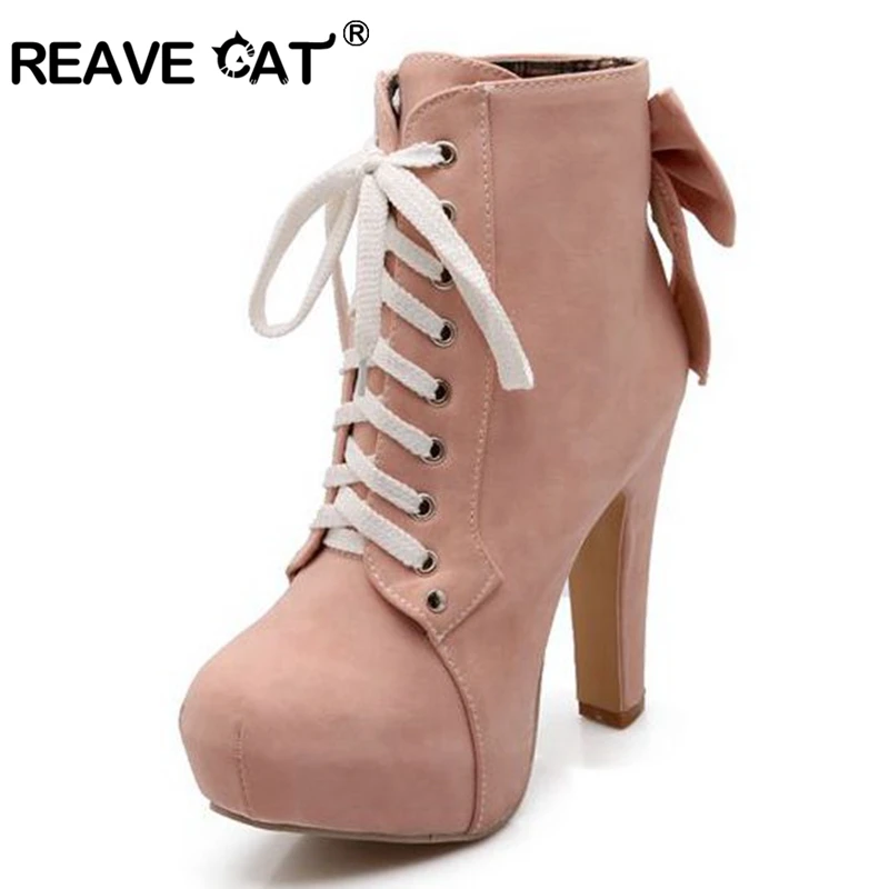 

REAVE CAT Brand Spring Autumn Flock Bowtie Block high Heels Round Toe Lace up Ankle boots Mariage bottines bota feminina PA496