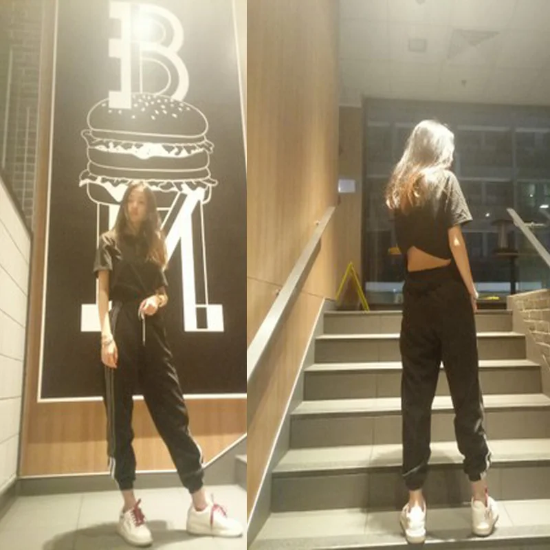 BF стиль черные брюки женские новые летние свободные с буквенным принтом карманы тонкие уличная одежда крутая девушка мода Harajuku Хип Хоп брюки