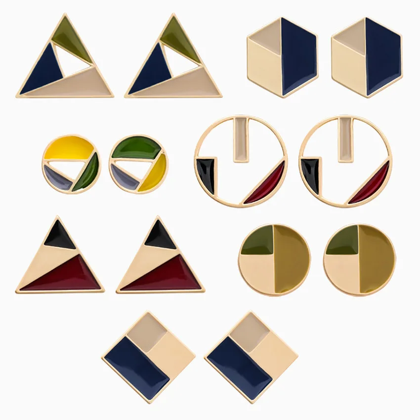 

2019 New Spring Simple Earrings Alloy Glaze Color Patchwork Geometry Round Square Triangle Stud Earrings for Women Accessories