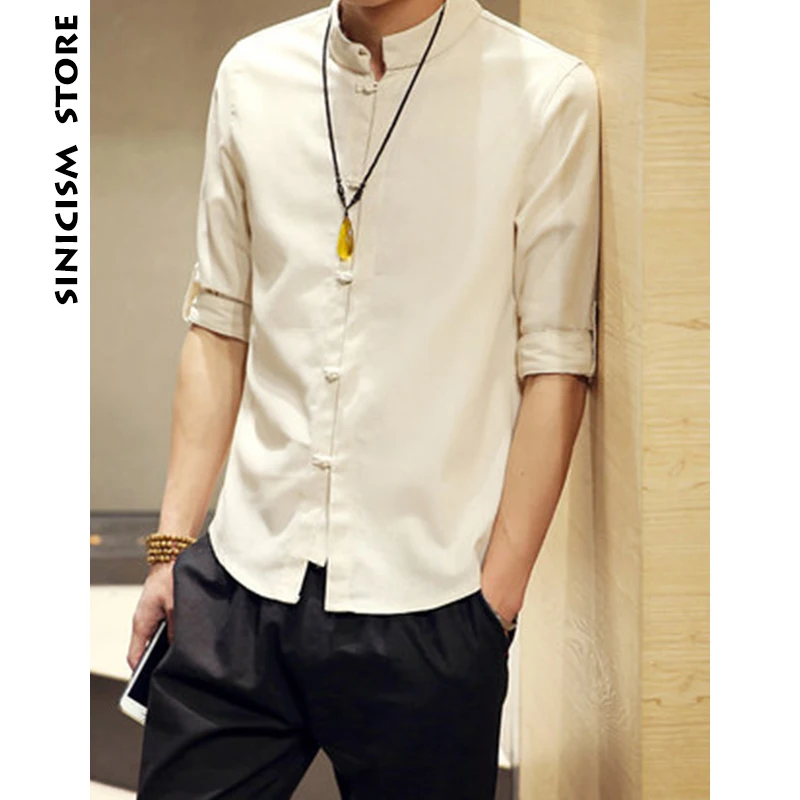 Sinicism Store Mens Cotton Linen Shirts Men Three Quarter Sleeve Solid