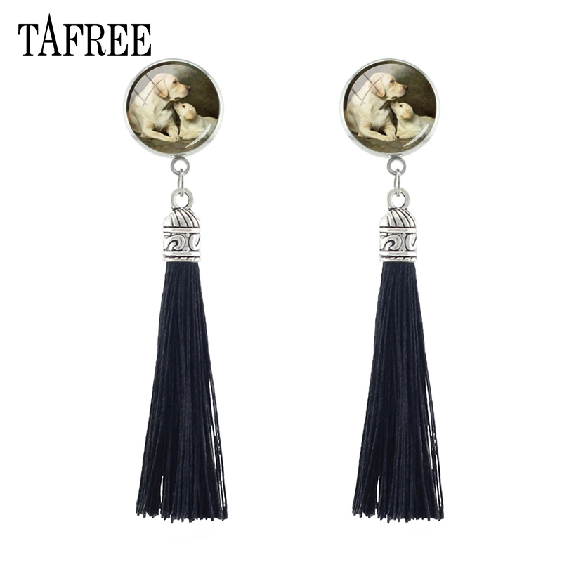 

TAFREE Elegant Long Tassel Stud Earrings Dog Art Photo Glass Cabochon Dome Handmade Fringed Earrings New Fashion Jewelry A237-25