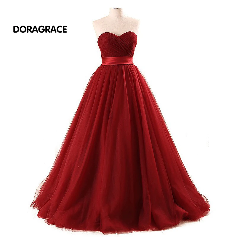 

DORAGRACE Real Photos Glamorous Sweetheart Lace-Up A Line Floor-Length Burgundy Tulle Prom Dresses DGE088
