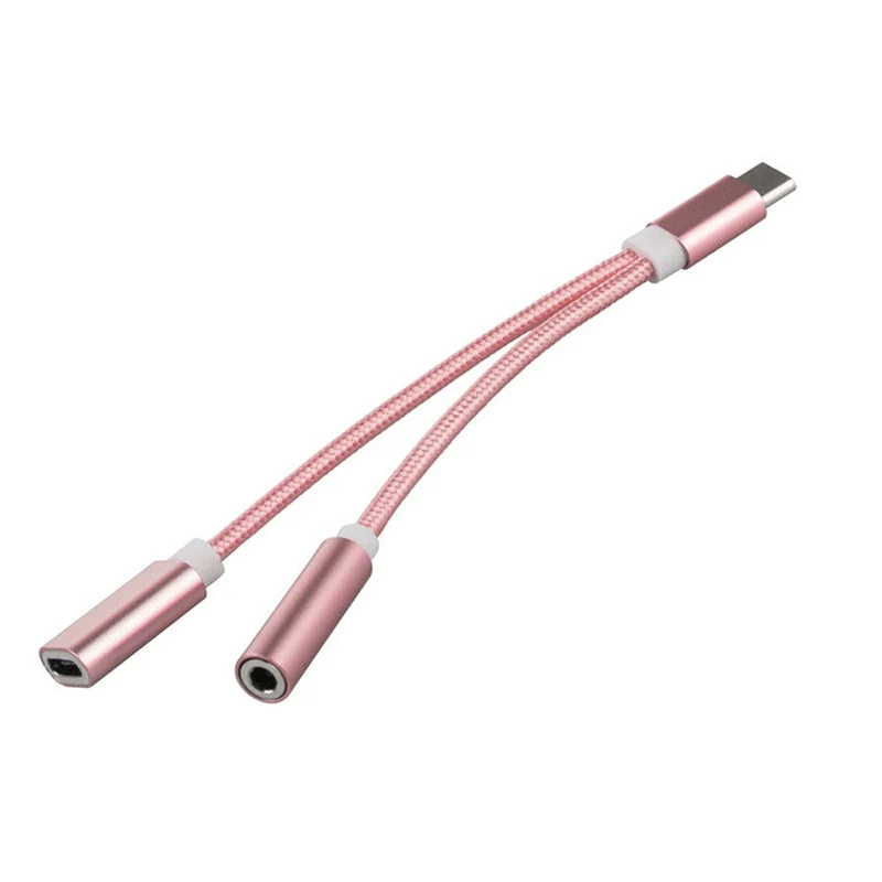 2 в 1 Тип C до 3,5 мм аудио разъем зарядное устройство адаптер кабель для наушников для samsung Xiaomi Tablet Android usb зарядный шнур aux кабель - Цвет: Pink