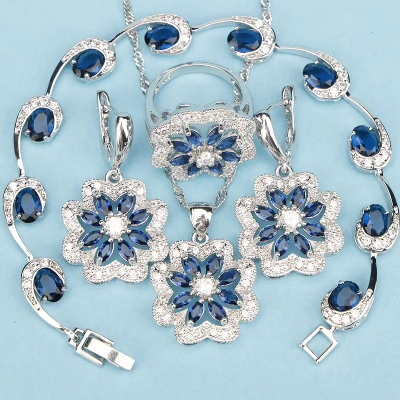 Королевский синий камень белый CZ цветы Ювелирные наборы 925 пробы серебро для женщин серьги ожерелье кулон кольца браслеты - Окраска металла: 4PCS