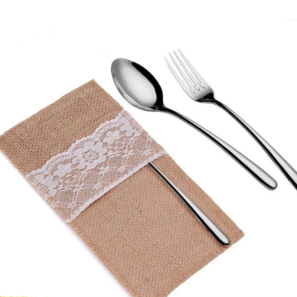 

Handmade Burlap Jute Lace Party Wedding Cutlery Bag Tableware Holder Pocket #SY
