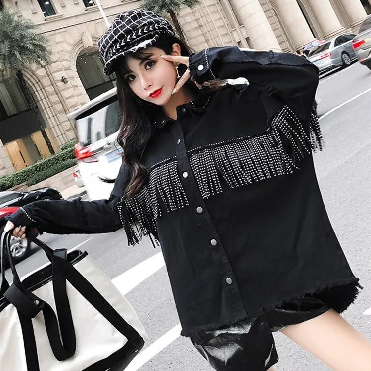 New Arrival Autumn Tassels Jeans Overcoats Women Turn-Down Collar Loose Casual Jackets Button Black Sequined Denim Outerwear