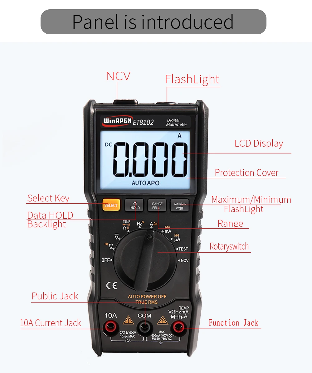 ET8102 цифровой дисплей Многофункциональный Диапазон мультиметр темп NCV DC AC Напряжение Ток Сопротивление диод True RMS мультиметр