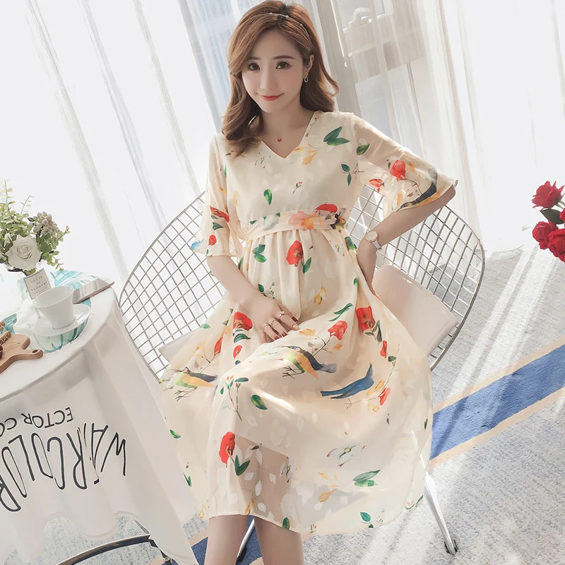 

Summer V-neck Floral Printed Maternity Nursing Dress Short Flare Sleeve V-neck Empire Zipper Breastfeeding Dress Sweet Lactation