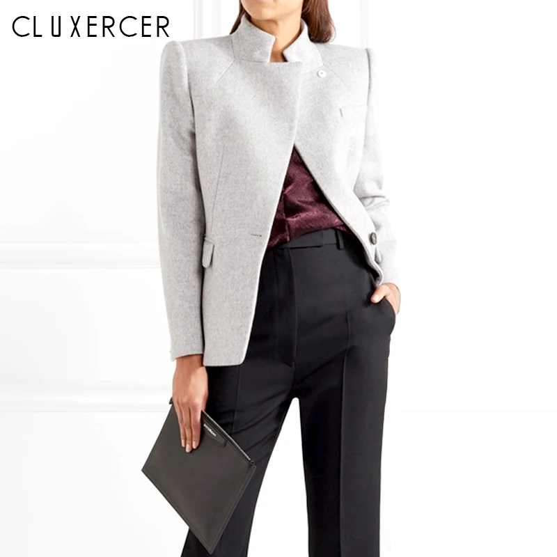 

Women Jackets Spring Autumn Wool Coat 2019 New Gray Elegant Standing Collar OL Long Sleeve Slim Jacket Female Casaco Feminino