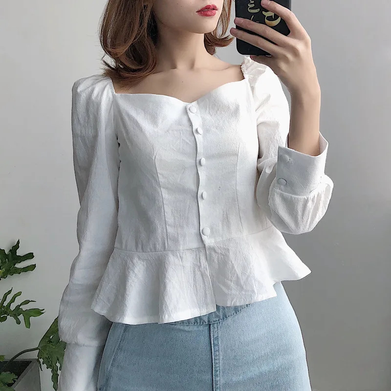 Women Korean Sweet Blouses Shrug Shoulder Ruffles Patchwork Puff Sleeve
