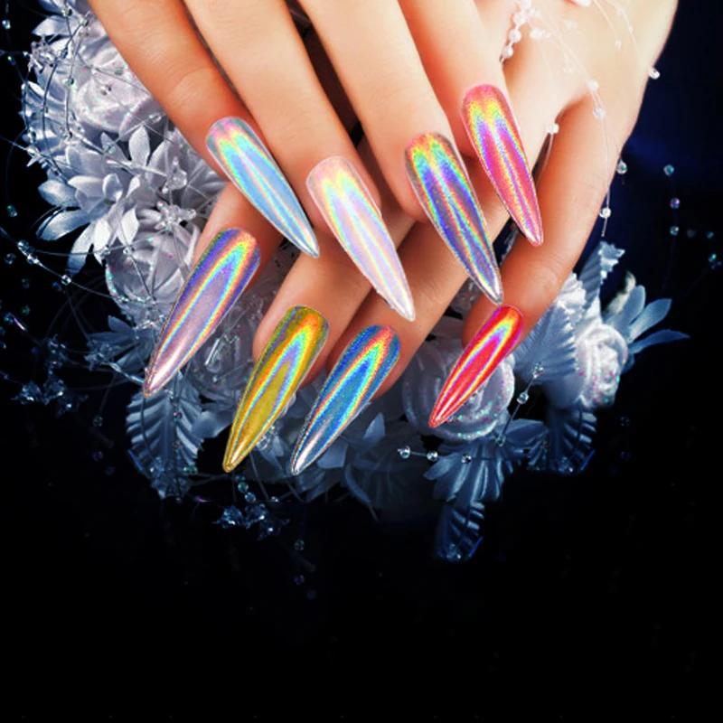 الليزر مسمار بريق الطاووس الثلاثية الأبعاد مرآة مسحوق الليزر الغبار مسمار الفن الكروم مسحوق صباغة DIY زينة