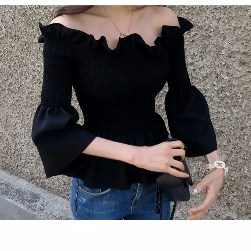 

2019 NEW Chiffon Blouse Women Slash Neck Ruffles Long Sleeve Blouses Shirt Spring Summer Elastic SEXY Blouse Top Blusas