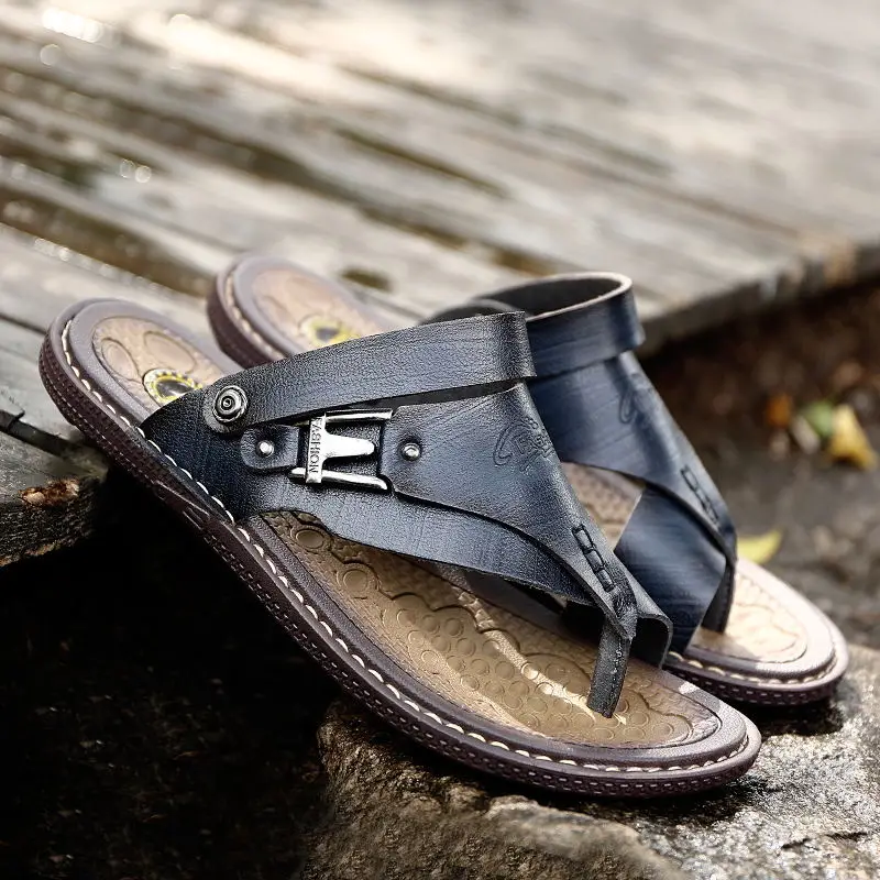 MIUBU большой размер 45 летние Для мужчин пляжные сандалии Разделение кожаные сандалии, обувь для отдыха, прочные, не-тапки zapatillas hombre для помещения с закрытой пяткой - Цвет: Black