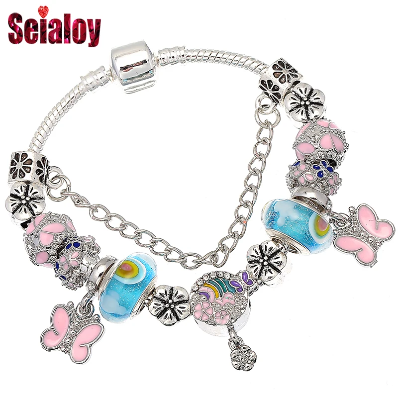 

SEIALOY Direct Sales Vintage Silver Plated Crystal Brands Bracelet For Women Fit Snake Chain Charm Bracelet DIY Jewelry Gifts