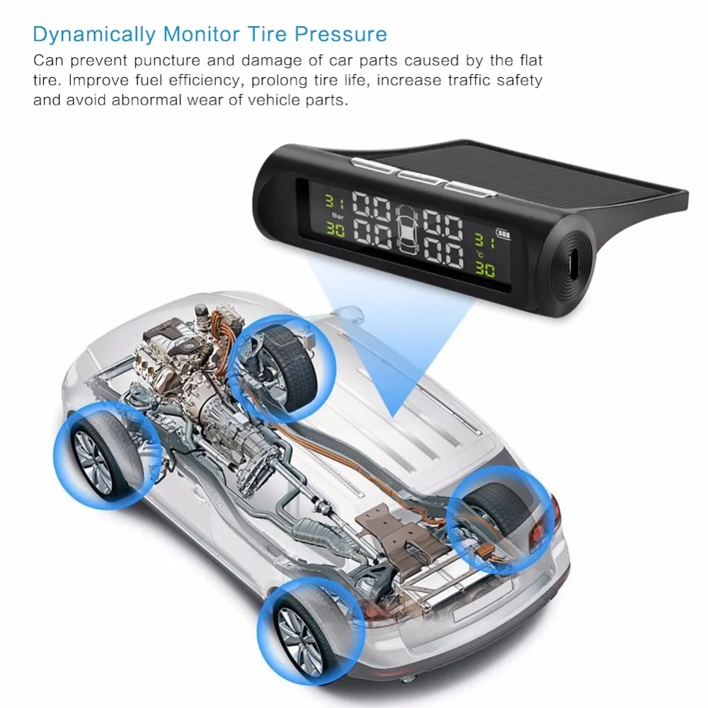 Солнечная мощность TPMS автомобильная система контроля давления в шинах Беспроводная ЖК-дисплей Автомобильный 4 внешних датчика Температурная сигнализация