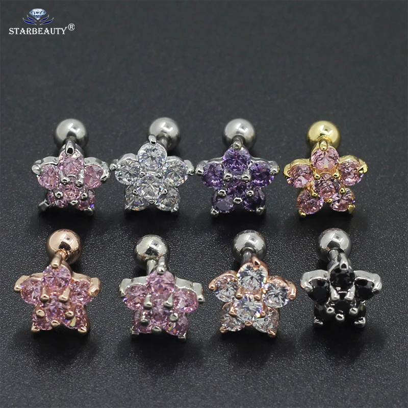 

316l Surgical Steel With Clear Gem Zircon Flower Ear Tragus Bar Cartilage Earring Stud Piercing Fashion Jewelry For Sexy Girls
