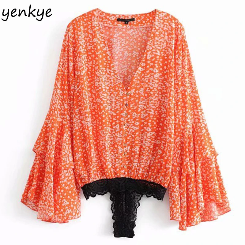 

Floral Print Boho Sexy Lace Trims Bodysuit Women Layered Flare Sleeve V Neck Casual Loose body mujer Summer Plus Size Tops