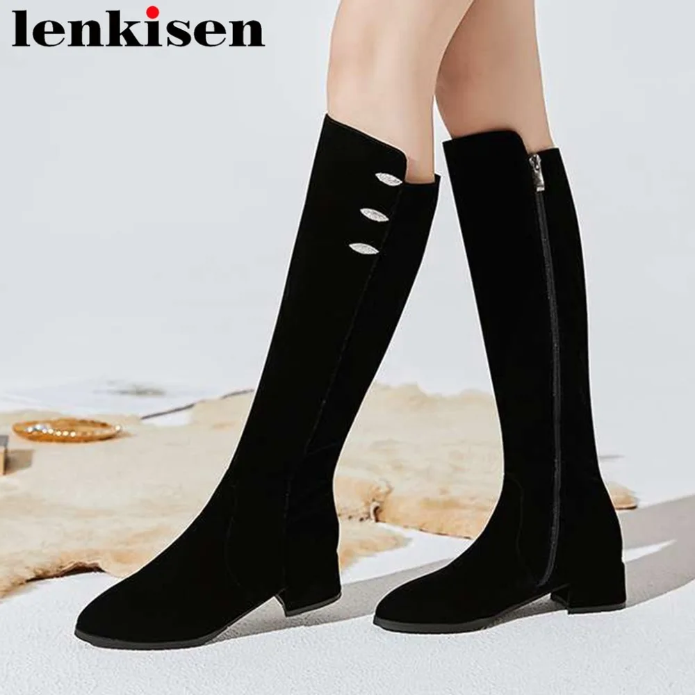 

2018 black color european style diamond zipper plus size med heels pointed toe slender high street fashion knee-high boots L21