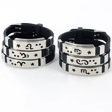12 созвездий Браслет-манжета из нержавеющей стали подлинный силикон ID браслеты кожаные браслеты для мужчин подарок браслет со знаком зодиака SL-466