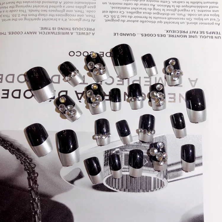 Французский цвета черный/Серебристый свадебный накладные ногти 24 шт. длинный овальный комплект декор стразами искусственная Ongles