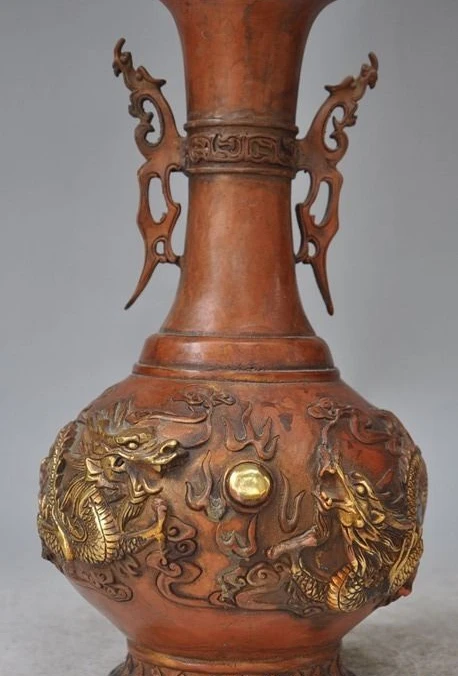 

11"china Dynasty palace pure bronze gilt 2 Dragon play Beads Pot Vase Jar Statue