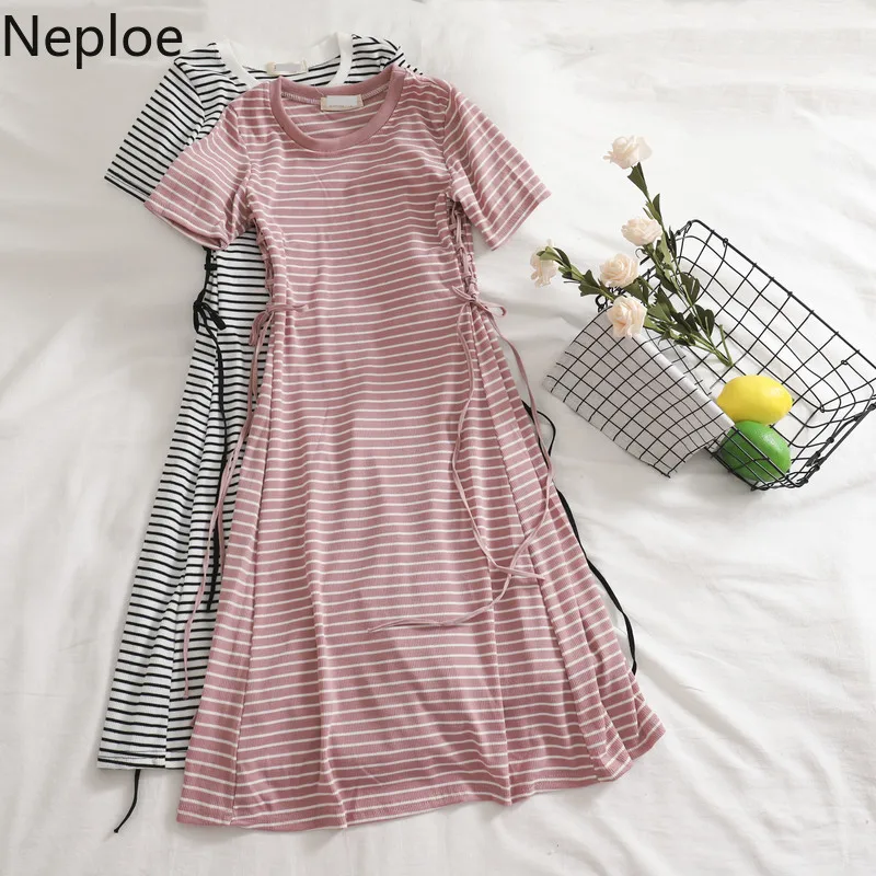 

Neploe Knitted Drawstring Bowknot Dress A-Line O-Neck Dresses Sweet Stripe Short Sleeve High Waist Vestidos 45161