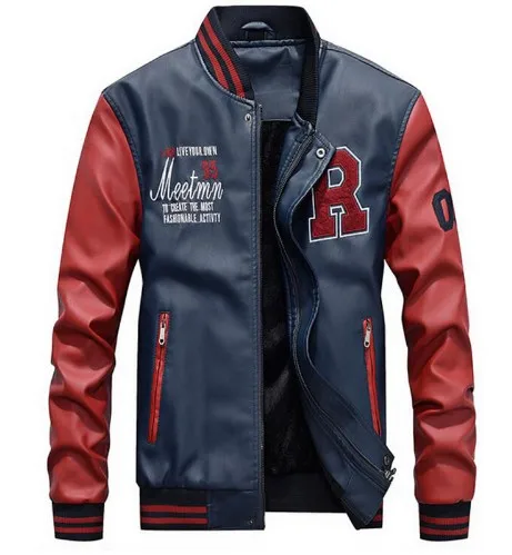Кожаная мужская куртка, зимние куртки с вышивкой, ПУ пальто, приталенная, для колледжа, роскошная флисовая куртка-пилот, куртка-бомбер, casaco masculino - Цвет: Red Sleeve