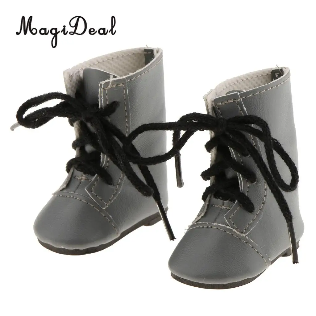 1Pair PU Leather Handmade Shoes Lace Up Combat Boots for 14 Inch   Doll Outdoor Indoor Clothing Accs