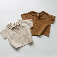 Новая модная рубашка для маленьких мальчиков и девочек детская футболка с короткими рукавами льняные блузки из хлопка для маленьких девочек темно-синяя блузка с воротником для девочек