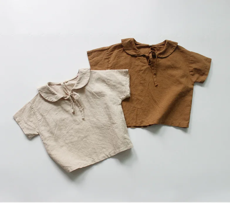 

Fashion New Baby Boys and Girls Shirt Kids Short Sleeves Tee Shirt Toddler Girls Cotton Linen Tees Navy Collar Blouse for Girls