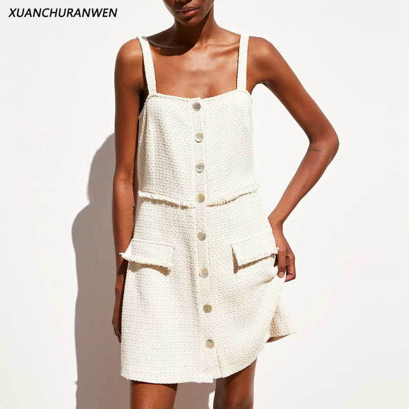 

Casual Summer Camis Woolen Mini Dress Women Buttons Spaghetti Strap A-line Slim Preppy Style Party Dress XB9349