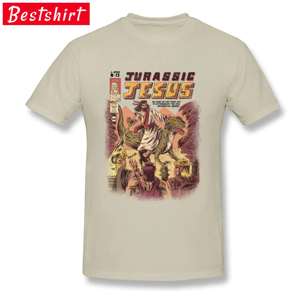 JURASSIC JESUS Oversized Slim Fit Tops Shirts Crew Neck Summer All Cotton Short Sleeve T-shirts for Men Funny Tops Tees JURASSIC JESUS beige