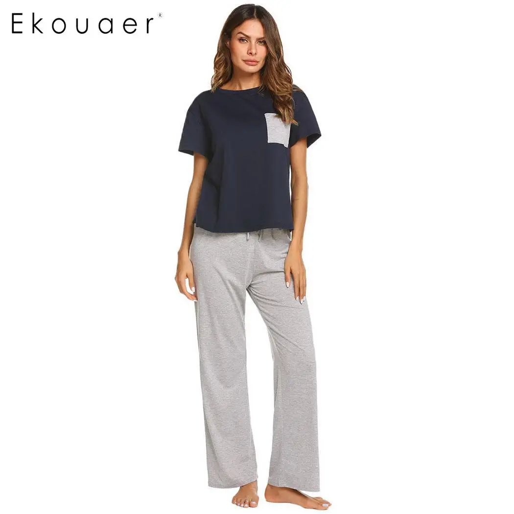 Ekouaer пижамный комплект для женщин, повседневная одежда для сна с коротким рукавом, топы с длинным карманом, штаны, пижамные комплекты для отдыха, Ночная одежда, домашние костюмы - Цвет: Blue