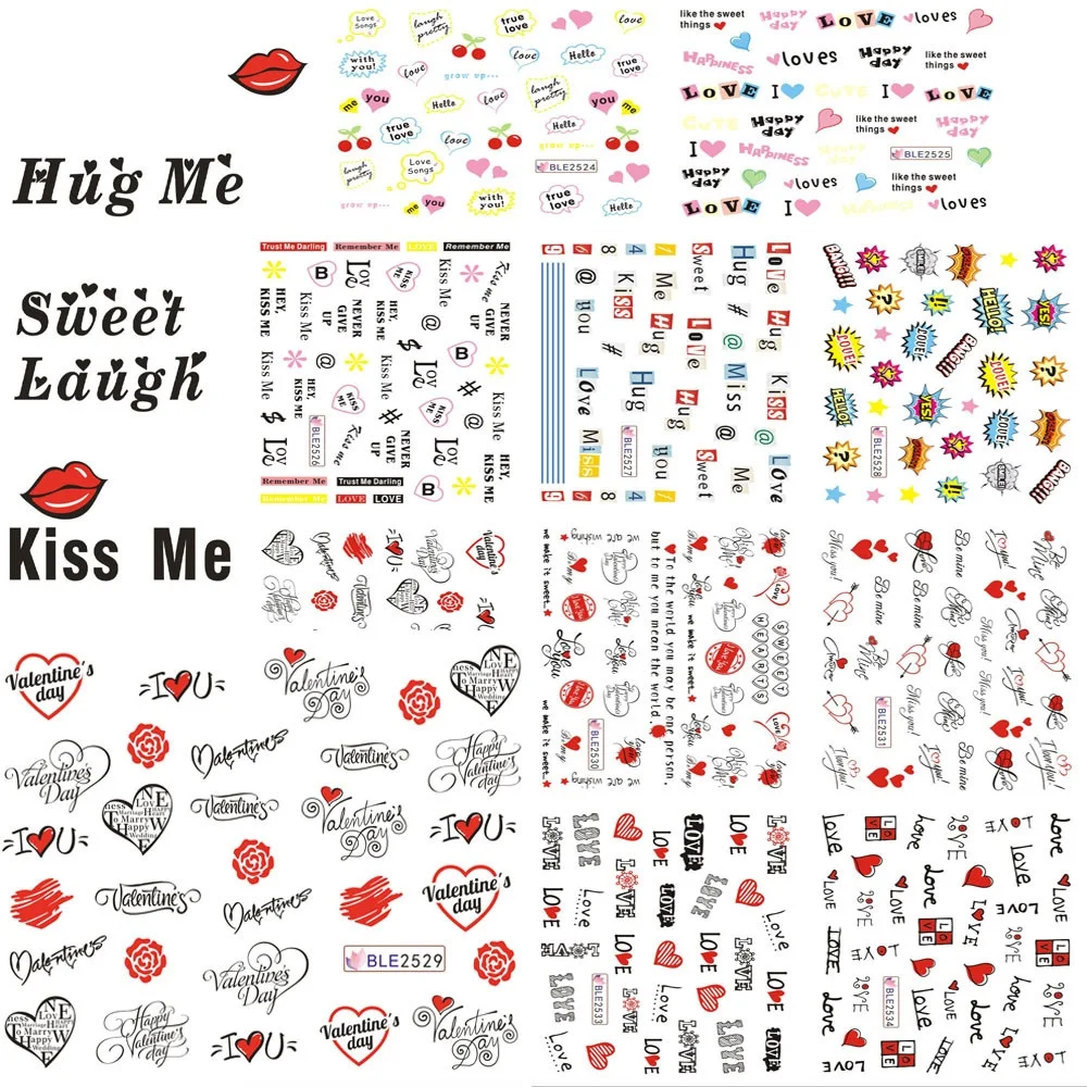 

11 designs in 1 set Letter Nail Art Sticker Sweet Heart Love Valentine Watermark Nail Decals Manicure Decor Tool LABLE2524-2534