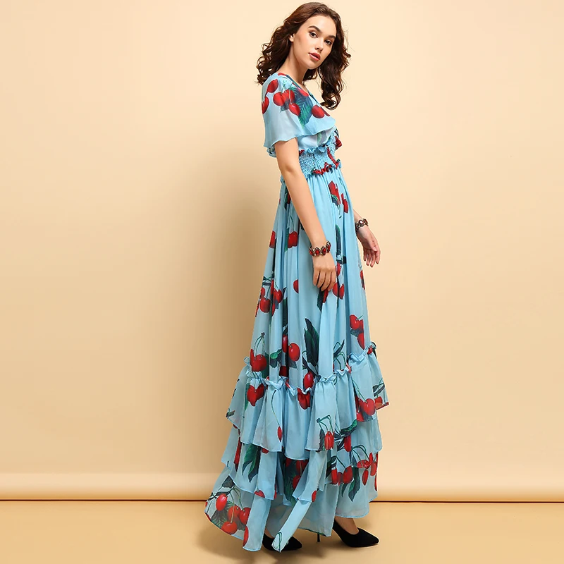 Женское платье с v-вырезом LD LINDA DELLA, голубое платье с v-образным вырезом с фруктовым принтом, многослойная юбка на эластичной резинке на талии, длинное платье, весна–лето
