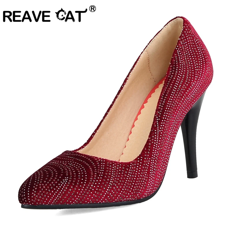 

REAVE CAT Plus size 34-43 Office Dress shoes Pointed toe Thin high heels Woman shoes Women's Pumps Solid Rinestone Shoes A991